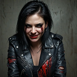 She is all attitude — straight dark hair falling past her shoulders, streaked with thin lines of red like quiet defiance. Snake bite piercings glint beneath a constant, dangerous smirk, her gaze bold and unapologetic. She wears leather jackets, ripped denim, and heavy boots, every piece chosen to look like trouble.  Striking without trying and unapologetically rough around the edges, she looks like chaos given form — loud, sharp, and impossible to ignore.