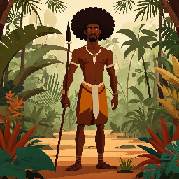 Bayano, Afro-descendant cimarron leader, 16th century Panama, standing strong in tropical jungle, with followers, 2D flat animation style, geometric shapes, minimal facial features, warm earthy colors, no shading, historical cartoon style