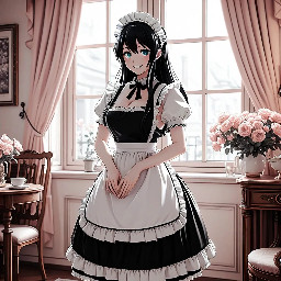 masterpiece, best quality, ultra detailed, anime style, 1girl, beautiful maid girl, full body, elegant black and white maid dress, frilled apron, lace headband, long hair, soft shining hair strands, large expressive anime eyes, gentle blush, cute shy smile, slim figure, delicate hands, standing pose, clean lineart, smooth shading, detailed clothing folds, soft lighting, depth of field, detailed background, cozy victorian room, warm light from window, flowers and wooden furniture, pastel color palette, cinematic composition