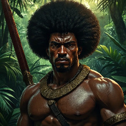 Anime-style portrait of Bayano, Afro-descendant cimarrón leader, muscular warrior, 16th century, tropical jungle background, intense gaze, cinematic lighting, highly detailed