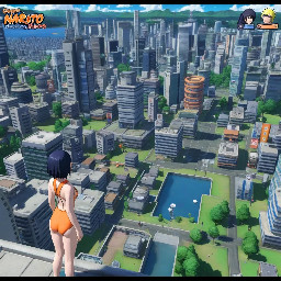 Please generate an actual screenshot of a fictional, modern city 3D anime-style open-world role-playing game featuring Hinata in Naruto in a swimsuit. The screenshot should include high-quality cartoon-rendered 3D characters, modern cityscapes, a minimap, quest displays, dialogue captions, and the user interface.