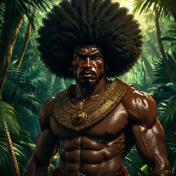 Anime-style portrait of Bayano, Afro-descendant cimarrón leader, muscular warrior, 16th century, tropical jungle background, intense gaze, cinematic lighting, highly detailed