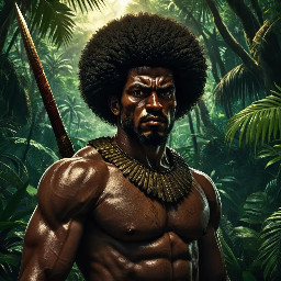 Anime-style portrait of Bayano, Afro-descendant cimarrón leader, muscular warrior, 16th century, tropical jungle background, intense gaze, cinematic lighting, highly detailed