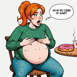 masterpiece, best quality, cartoon anime illustration, adult pregnant woman with a very large round belly, sitting on a wooden chair, orange hair in a ponytail, wearing a tight green sweater and blue jeans, sweater stretched over her pregnant belly, slightly flushed cheeks, surprised expression, a hand offering a donut toward her mouth, crumbs on her sweater, playful scene, small hearts around her, speech bubble saying "Oh my...", clean white background, detailed line art, vibrant colors, comic style shading