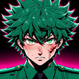 masterpiece, best quality, Izuku Midoriya, green messy hair, freckles, green eyes, school uniform, nervous expression, anime style, Danganronpa art style, bold outlines, sharp shading, high contrast, cel shading, dramatic lighting, stylized proportions, clean lineart, pink blood aesthetic, black background, character portrait, upper body, intense atmosphere