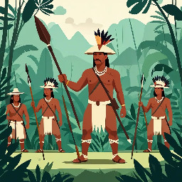 Anton Mandinga, cimarron leader, colonial Panama, holding spear, leading group in jungle, 2D flat animation, simple geometric design, flat colors, minimal face, indigenous-inspired style