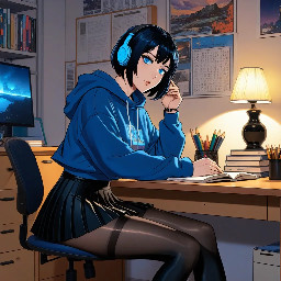 1girl, original character.  A single peaceful scene of a cool young woman with short dark blue-black bob cut hair and bright blue eyes, sitting at a university dorm desk, wearing black crop hoodie, black pleated mini skirt, black pantyhose, black combat boots, studying with books open, warm desk lamp light, cozy dorm room atmosphere, posters on wall, night time.  solo, short hair, bob cut, blue eyes, black hair, black hoodie, crop hoodie, black skirt, pleated skirt, pantyhose, combat boots, choker, headphones around neck, sitting, studying, indoors, dorm room, desk, books, lamp, night,  masterpiece, best quality, ultra-detailed, colored manga style, anime coloring, sharp lineart, cel shading