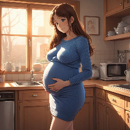 masterpiece, best quality, anime style illustration, adult woman, third trimester pregnancy, very large round pregnant belly, wearing a tight blue sweater dress, standing in a cozy kitchen, soft morning light from the window, gentle expression, long brown hair, detailed anime shading, warm atmosphere, high detail