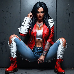 Anime girl, she is all attitude — straight dark hair falling past her shoulders with red strands of hair. Snake bite piercings glint beneath her smirk, her gaze bold and unapologetic. She wears a red jacket with white sleeves that is two sizes too big on her, ripped denim, and heavy boots, every piece chosen to look like trouble.  Striking without trying and unapologetically rough around the edges, she looks like chaos given form — loud, sharp, and impossible to ignore.