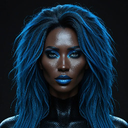 Personaje femenino con el pelo de un azul oscuro junto a una vestimenta de tonalidades oscuras como el negro y semejante a una capa