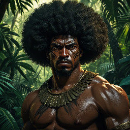 Anime-style portrait of Bayano, Afro-descendant cimarrón leader, muscular warrior, 16th century, tropical jungle background, intense gaze, cinematic lighting, highly detailed