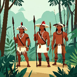 Anton Mandinga, cimarron leader, colonial Panama, holding spear, leading group in jungle, 2D flat animation, simple geometric design, flat colors, minimal face, indigenous-inspired style