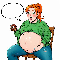 masterpiece, best quality, cartoon anime illustration, adult pregnant woman with a very large round belly, sitting on a wooden chair, orange hair in a ponytail, wearing a tight green sweater and blue jeans, sweater stretched over her pregnant belly, slightly flushed cheeks, surprised expression, a hand offering a donut toward her mouth, crumbs on her sweater, playful scene, small hearts around her, speech bubble saying "Oh my...", clean white background, detailed line art, vibrant colors, comic style shading