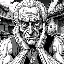 Create ONE traditional black and white manga page (not a webtoon). The page tells a short, funny fantasy scene.  Story: A young adventurer arrives at a small village to ask an old villager where the Demon King's castle is. The old villager confidently points in the wrong direction while another villager silently facepalms in the background. The protagonist realizes the old man has no idea what he is talking about. The final panel ends with a comedic reaction.  Page layout:  - 6 varied manga panels. - Natural reading flow. - Traditional Japanese manga composition. - Cinematic paneling, not perfectly aligned. - Simple backgrounds that support the scene. - Clear storytelling and readable action.  Drawing style (highest priority):  - Looks like a manga drawn completely by hand by an independent Japanese mangaka. - Simple, slightly imperfect anatomy. - Natural line weight with small imperfections. - Loose ink strokes. - No polished digital finish. - Expressive faces with exaggerated comedy. - Easy-to-draw proportions. - Clean but not perfect. - Slight asymmetry is welcome. - Amateur indie manga feeling. - Traditional screentones and simple black shadows. - Minimal cross-hatching. - Simple clothing folds. - Simple perspective. - Characters interact naturally and maintain eye contact. - Avoid stiff poses. - Avoid symmetrical faces. - Avoid plastic-looking hair.  Characters:  - Young hero with simple anime proportions. - Old villager with a slightly hunched posture, wrinkled face, messy eyebrows, simple clothing, funny expressions. - Background villager reacting with a facepalm.  Camera: Mix wide shot, medium shot, close-up, reaction close-up and final comedic panel.  Mood: Comedy, light-hearted fantasy, classic manga humor, expressive reactions, natural acting.  ABSOLUTELY AVOID: AI look, glossy rendering, realistic anatomy, hyper-detailed muscles, perfect symmetry, perfect perspective, polished digital painting, 3D appearance, cinematic lighting, over-rendering, photorealism, sharp gradients, shiny skin, oversized eyes, generic AI anime style, empty expressions, stiff bodies, extra fingers, distorted hands, blurry lines, overcomplicated backgrounds.