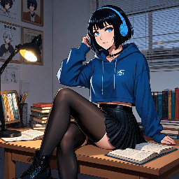 1girl, original character.  A single peaceful scene of a cool young woman with short dark blue-black bob cut hair and bright blue eyes, sitting at a university dorm desk, wearing black crop hoodie, black pleated mini skirt, black pantyhose, black combat boots, studying with books open, warm desk lamp light, cozy dorm room atmosphere, posters on wall, night time.  solo, short hair, bob cut, blue eyes, black hair, black hoodie, crop hoodie, black skirt, pleated skirt, pantyhose, combat boots, choker, headphones around neck, sitting, studying, indoors, dorm room, desk, books, lamp, night,  masterpiece, best quality, ultra-detailed, colored manga style, anime coloring, sharp lineart, cel shading