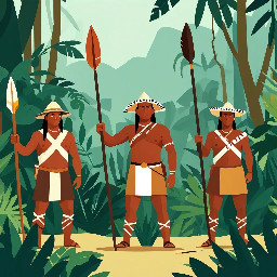 Anton Mandinga, cimarron leader, colonial Panama, holding spear, leading group in jungle, 2D flat animation, simple geometric design, flat colors, minimal face, indigenous-inspired style