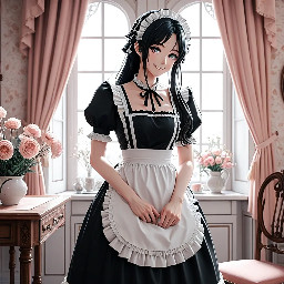 masterpiece, best quality, ultra detailed, anime style, 1girl, beautiful maid girl, full body, elegant black and white maid dress, frilled apron, lace headband, long hair, soft shining hair strands, large expressive anime eyes, gentle blush, cute shy smile, slim figure, delicate hands, standing pose, clean lineart, smooth shading, detailed clothing folds, soft lighting, depth of field, detailed background, cozy victorian room, warm light from window, flowers and wooden furniture, pastel color palette, cinematic composition