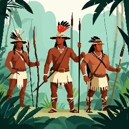 Anton Mandinga, cimarron leader, colonial Panama, holding spear, leading group in jungle, 2D flat animation, simple geometric design, flat colors, minimal face, indigenous-inspired style
