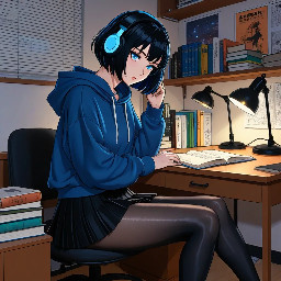1girl, original character.  A single peaceful scene of a cool young woman with short dark blue-black bob cut hair and bright blue eyes, sitting at a university dorm desk, wearing black crop hoodie, black pleated mini skirt, black pantyhose, black combat boots, studying with books open, warm desk lamp light, cozy dorm room atmosphere, posters on wall, night time.  solo, short hair, bob cut, blue eyes, black hair, black hoodie, crop hoodie, black skirt, pleated skirt, pantyhose, combat boots, choker, headphones around neck, sitting, studying, indoors, dorm room, desk, books, lamp, night,  masterpiece, best quality, ultra-detailed, colored manga style, anime coloring, sharp lineart, cel shading