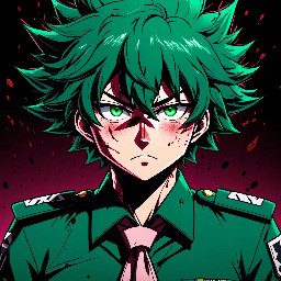 masterpiece, best quality, Izuku Midoriya, green messy hair, freckles, green eyes, school uniform, nervous expression, anime style, Danganronpa art style, bold outlines, sharp shading, high contrast, cel shading, dramatic lighting, stylized proportions, clean lineart, pink blood aesthetic, black background, character portrait, upper body, intense atmosphere