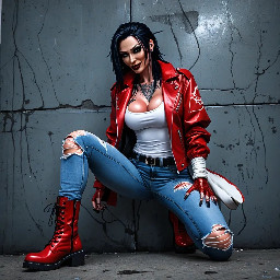 Anime girl, she is all attitude — straight dark hair falling past her shoulders with red strands of hair. Snake bite piercings glint beneath her smirk, her gaze bold and unapologetic. She wears a red jacket with white sleeves that is two sizes too big on her, ripped denim, and heavy boots, every piece chosen to look like trouble.  Striking without trying and unapologetically rough around the edges, she looks like chaos given form — loud, sharp, and impossible to ignore.