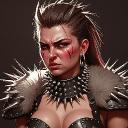 Ratatatat74 art style warrior woman wearing spiked collar and blushing