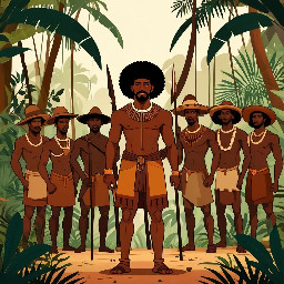 Bayano, Afro-descendant cimarron leader, 16th century Panama, standing strong in tropical jungle, with followers, 2D flat animation style, geometric shapes, minimal facial features, warm earthy colors, no shading, historical cartoon style