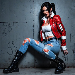 Anime girl, she is all attitude — straight dark hair falling past her shoulders with red strands of hair. Snake bite piercings glint beneath her smirk, her gaze bold and unapologetic. She wears a red jacket with white sleeves that is two sizes too big on her, ripped denim, and heavy boots, every piece chosen to look like trouble.  Striking without trying and unapologetically rough around the edges, she looks like chaos given form — loud, sharp, and impossible to ignore.