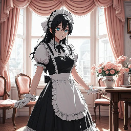 masterpiece, best quality, ultra detailed, anime style, 1girl, beautiful maid girl, full body, elegant black and white maid dress, frilled apron, lace headband, long hair, soft shining hair strands, large expressive anime eyes, gentle blush, cute shy smile, slim figure, delicate hands, standing pose, clean lineart, smooth shading, detailed clothing folds, soft lighting, depth of field, detailed background, cozy victorian room, warm light from window, flowers and wooden furniture, pastel color palette, cinematic composition