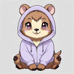 chibi anime capybara VTuber mascot, cute round body, soft brown fur, small rounded ears, tiny black eyes with sparkles, gentle smile, blush marks, wearing a pastel lavender hoodie with cat-ear hood, small plushie charm on zipper, sitting pose, clean lineart, cel-shaded, simple flat colors, transparent background, VTuber model sheet style, front view, expressive face, minimal details for easy rigging