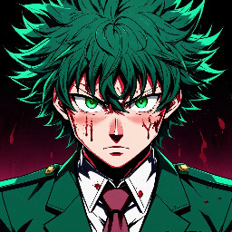 masterpiece, best quality, Izuku Midoriya, green messy hair, freckles, green eyes, school uniform, nervous expression, anime style, Danganronpa art style, bold outlines, sharp shading, high contrast, cel shading, dramatic lighting, stylized proportions, clean lineart, pink blood aesthetic, black background, character portrait, upper body, intense atmosphere