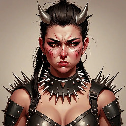 Ratatatat74 art style warrior woman wearing spiked collar and blushing