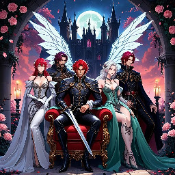 The illustration features extraordinarily beautiful male protagonists with refined, aristocratic features, elegant proportions, slender athletic physiques, long graceful limbs, and expressive faces. Every character possesses a unique visual identity while sharing the same artistic style. Faces are highly detailed with: luminous expressive eyes long thick eyelashes soft natural blush elegant noses delicate lips defined jawlines subtle emotional expressions beautiful lighting on the skin Hair is one of the main focal points. Each hairstyle is rendered with thousands of individually defined strands, layered locks, loose wisps, soft flyaway hairs, natural volume, silky texture, and graceful movement. Hair appears incredibly refined rather than painterly or blurry. The linework is extremely crisp with delicate ink-like outlines, clean contours, high line density, and refined anime rendering. Preserve sharp edges while using painterly coloring only for gradients and lighting. Every costume is breathtakingly elaborate. Luxury fantasy clothing inspired by aristocratic European fantasy, ceremonial attire, royal uniforms, gothic nobility, fairy nobility, and high fantasy. Rich embroidery, metallic thread, engraved armor, gemstones, filigree ornaments, lace, belts, embroidered capes, layered fabrics, transparent sleeves, elegant gloves, precious metals, floral ornaments, chains, pearls, crystals, enchanted accessories and intricate textures. Jewelry is highly detailed with dozens of delicate chains, pendants, gemstones and ornamental pieces that naturally decorate the clothing. Every character is surrounded by magical elements unique to their identity. Rioh — crystalline ice, snowflakes, frozen mist, blue roses. Yoru — black shadows, violet magic, purple roses. Cassian — crimson roses, fuchsia roses, luxurious gothic elegance. Kristoff — white flowers, pale green vines, warm sunlight. Edward — white roses, pale pink roses, blossoms, fairy light, gentle nature. Cerezo — tiny fairy with translucent wings, vibrant red hair, playful expressions. The environment is lush with flowers, magical particles, floating petals, elegant vines, glowing dust, crystalline details, subtle mist, enchanted light, and decorative botanical compositions that frame the characters without hiding them. Backgrounds feature majestic gothic castles, fantasy forests, moonlit gardens, cathedral architecture, enchanted landscapes, dramatic crimson skies, glowing moons, magical auroras, and cinematic fantasy scenery. Lighting is soft and cinematic with subtle rim light, volumetric light rays, elegant reflections, gentle bloom used sparingly, rich shadows, and strong depth. Color palette combines elegant jewel tones with soft pastel highlights. The atmosphere is romantic, mysterious, noble, magical, ethereal, and dreamlike. Characters naturally interact through body language, glances, subtle smiles, protective gestures, playful teasing, gentle intimacy, and believable relationships. The composition feels like premium official key artwork for a fantasy otome game or inverse-harem visual novel. Highest facial consistency. Highest clothing detail. Highest jewelry detail. Highest hair detail. Highest flower detail. Highest line quality. Elegant Korean fantasy anime aesthetic. Professional illustration. Collector's edition artwork. Extremely refined. Sharp. Clean. Highly detailed. Scene: The six Guardians of Castleville gather around {{user}} inside the royal rose garden beneath a crimson moon. Rioh stands protectively at the front with his sword. Cassian lounges comfortably in an ornate chair with a teasing smile. Yoru watches possessively from the shadows. Edward gently smiles while Cerezo sits proudly on his shoulder. Kristoff laughs softly beside them. Behind them rises the gothic castle illuminated beneath the red twilight sky while magical petals drift through the air.