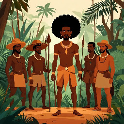 Bayano, Afro-descendant cimarron leader, 16th century Panama, standing strong in tropical jungle, with followers, 2D flat animation style, geometric shapes, minimal facial features, warm earthy colors, no shading, historical cartoon style