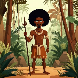 Bayano, Afro-descendant cimarron leader, 16th century Panama, standing strong in tropical jungle, with followers, 2D flat animation style, geometric shapes, minimal facial features, warm earthy colors, no shading, historical cartoon style