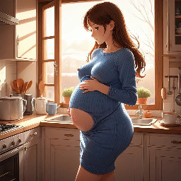 masterpiece, best quality, anime style illustration, adult woman, third trimester pregnancy, very large round pregnant belly, wearing a tight blue sweater dress, standing in a cozy kitchen, soft morning light from the window, gentle expression, long brown hair, detailed anime shading, warm atmosphere, high detail