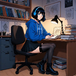 1girl, original character.  A single peaceful scene of a cool young woman with short dark blue-black bob cut hair and bright blue eyes, sitting at a university dorm desk, wearing black crop hoodie, black pleated mini skirt, black pantyhose, black combat boots, studying with books open, warm desk lamp light, cozy dorm room atmosphere, posters on wall, night time.  solo, short hair, bob cut, blue eyes, black hair, black hoodie, crop hoodie, black skirt, pleated skirt, pantyhose, combat boots, choker, headphones around neck, sitting, studying, indoors, dorm room, desk, books, lamp, night,  masterpiece, best quality, ultra-detailed, colored manga style, anime coloring, sharp lineart, cel shading